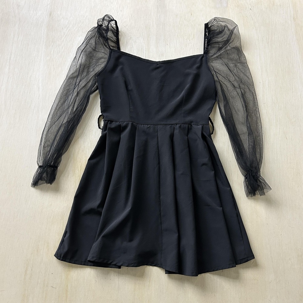 Mesh Sleeve Dress Womens Small Black Sweetheart Fit & Flare Mini Party Cocktail